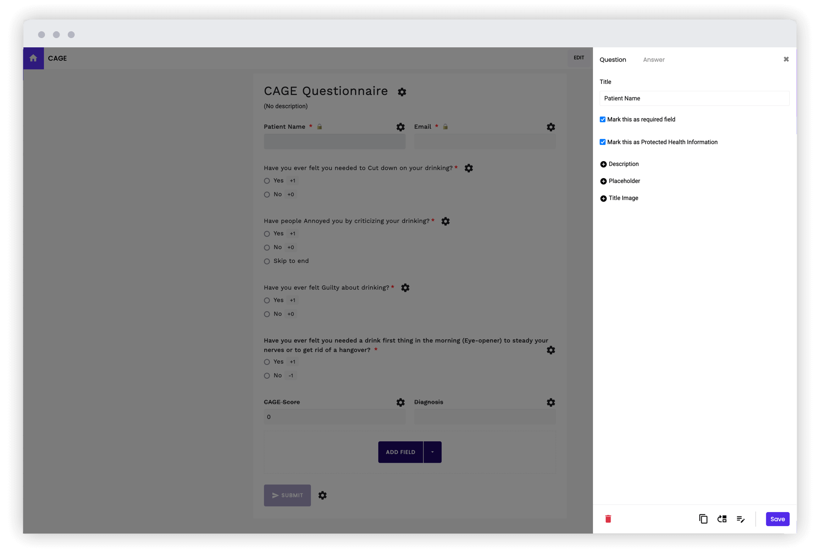 Mark fields as Protected Health Information (PHI) to secure sensitive patient data and limit access to PHI when exporting the data