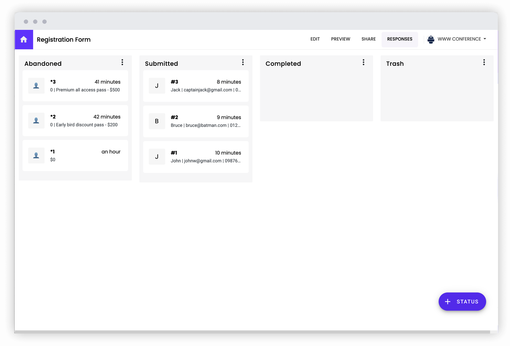 Manage form responses using our kanban board and collaborate with your team easily in real time