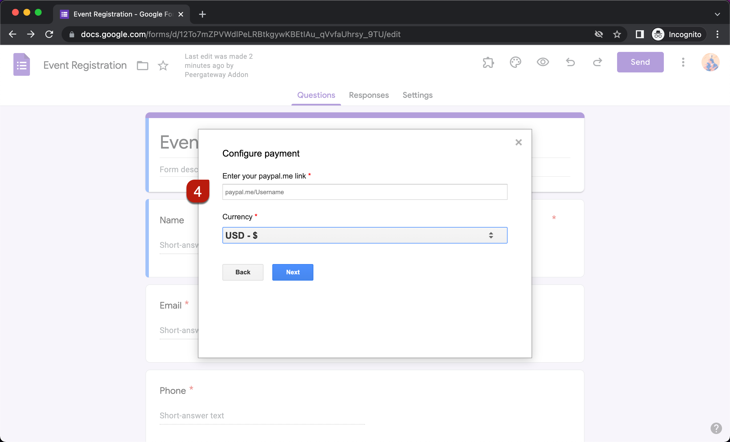 Step 4: Enter your paypal.me link, select the payment currency and click Next.