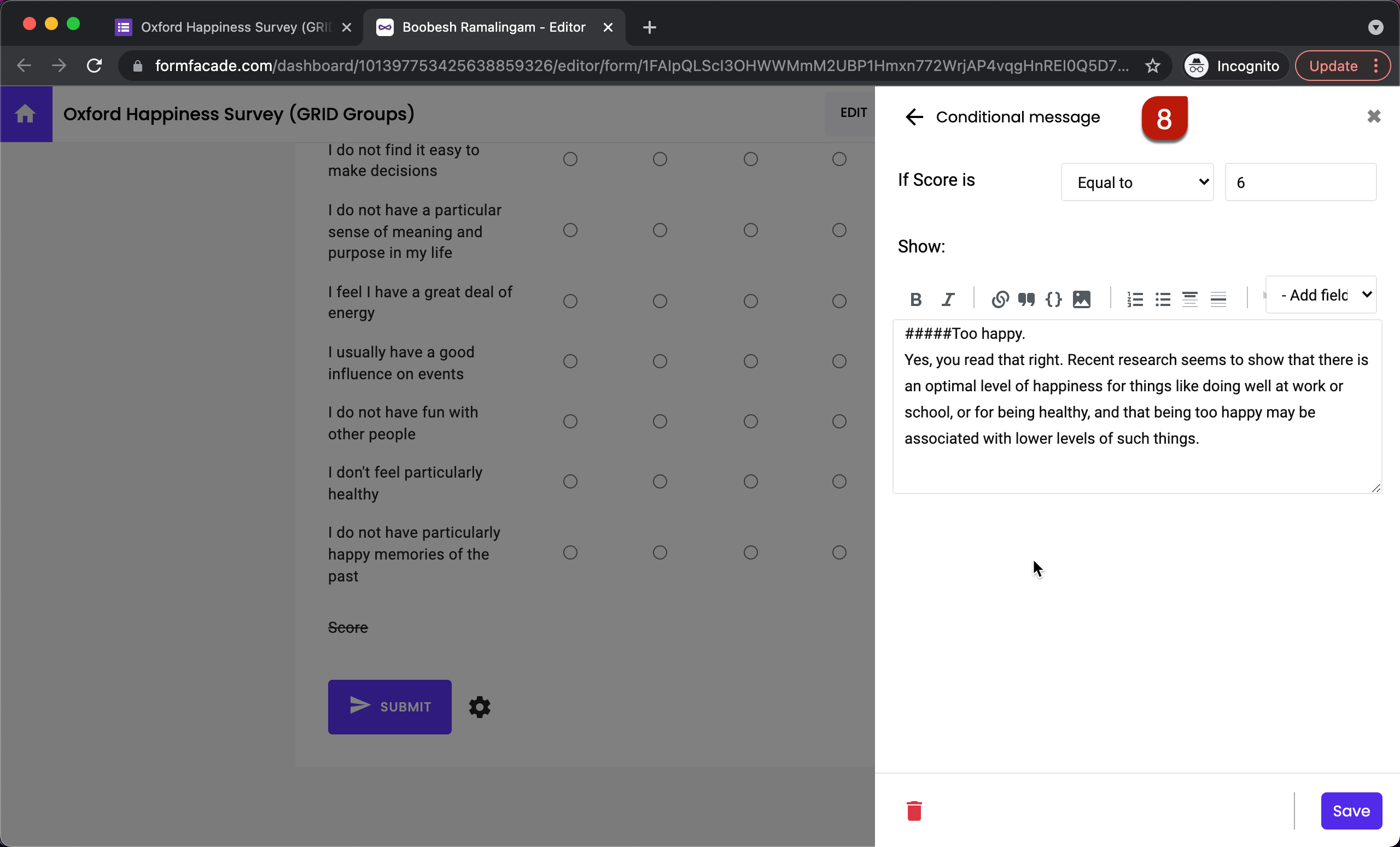 Step 8: Update the condition, enter a customize message and click Save.