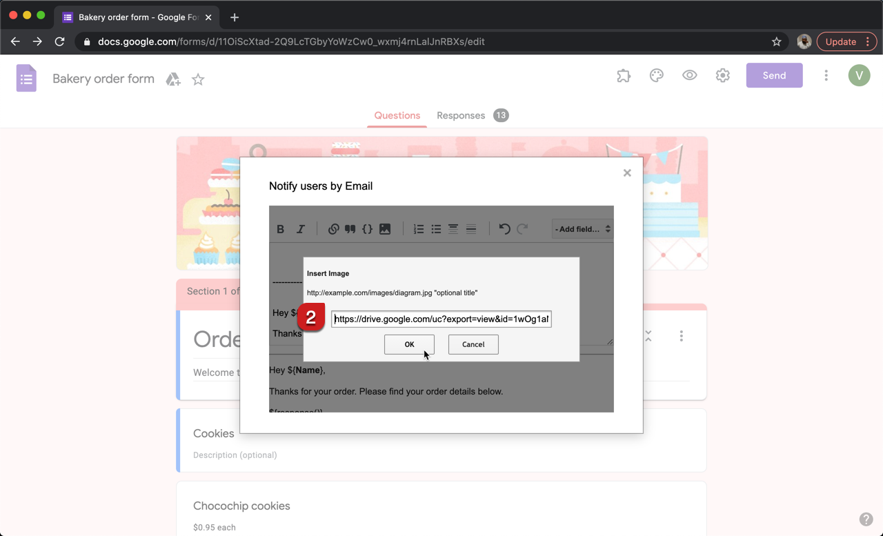 Step 2: Insert image popup will be displayed. Paste the url for the image and click on OK.