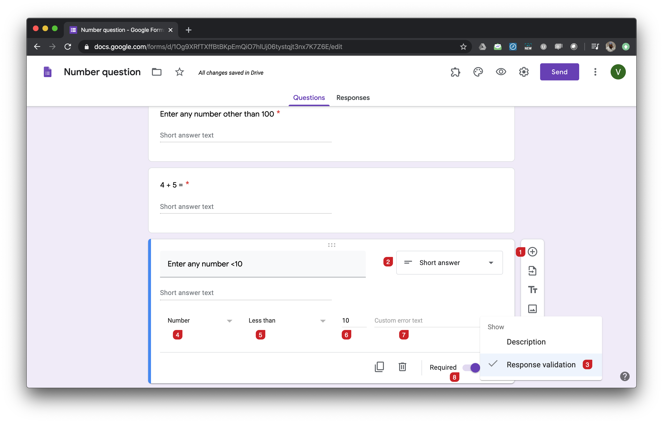 You can use short answer question with Number validation to accept numbers as answers. You can use the following number validations with short answer question.