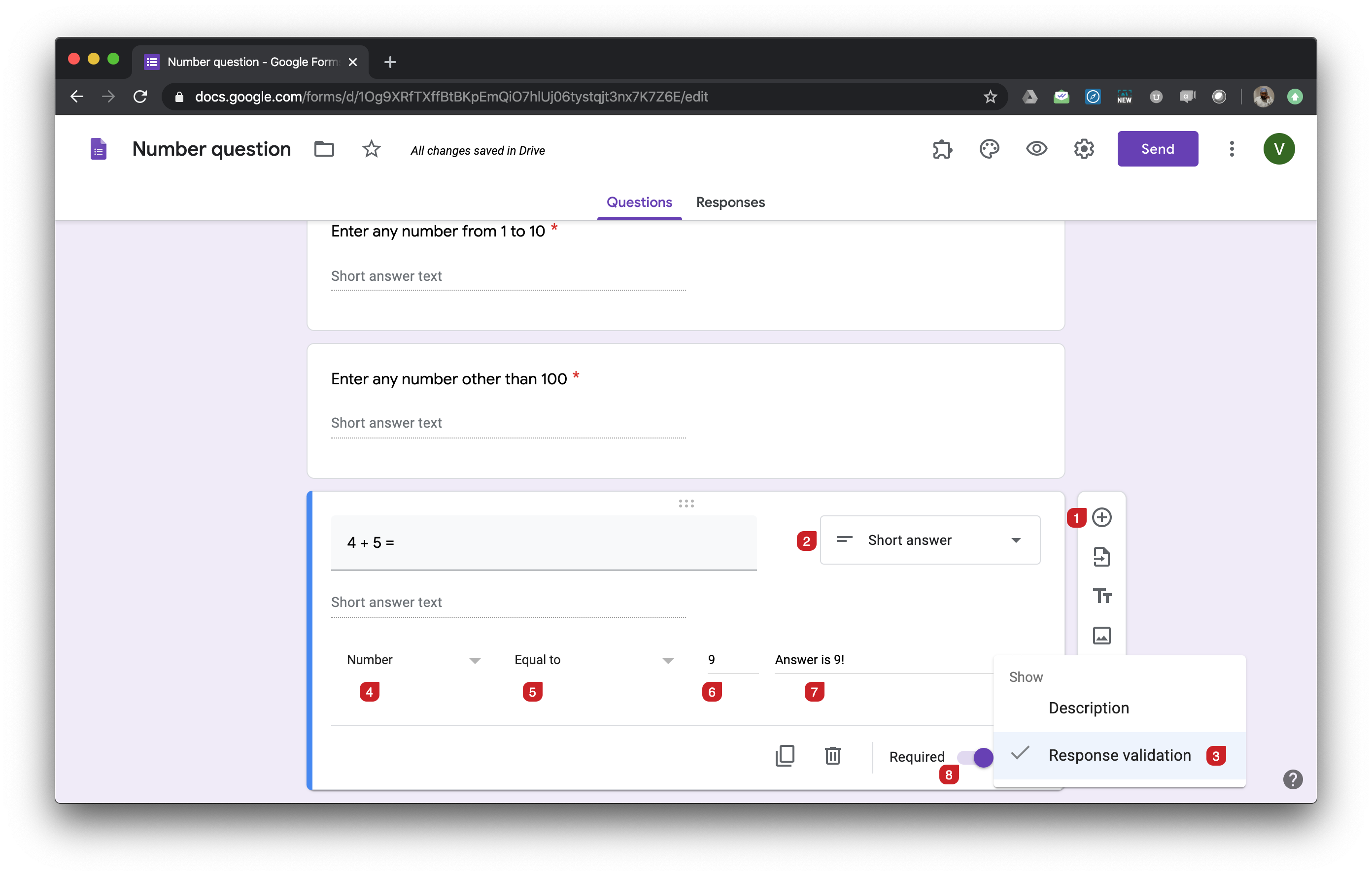 You can use short answer question with Number validation to accept numbers as answers. You can use the following number validations with short answer question.