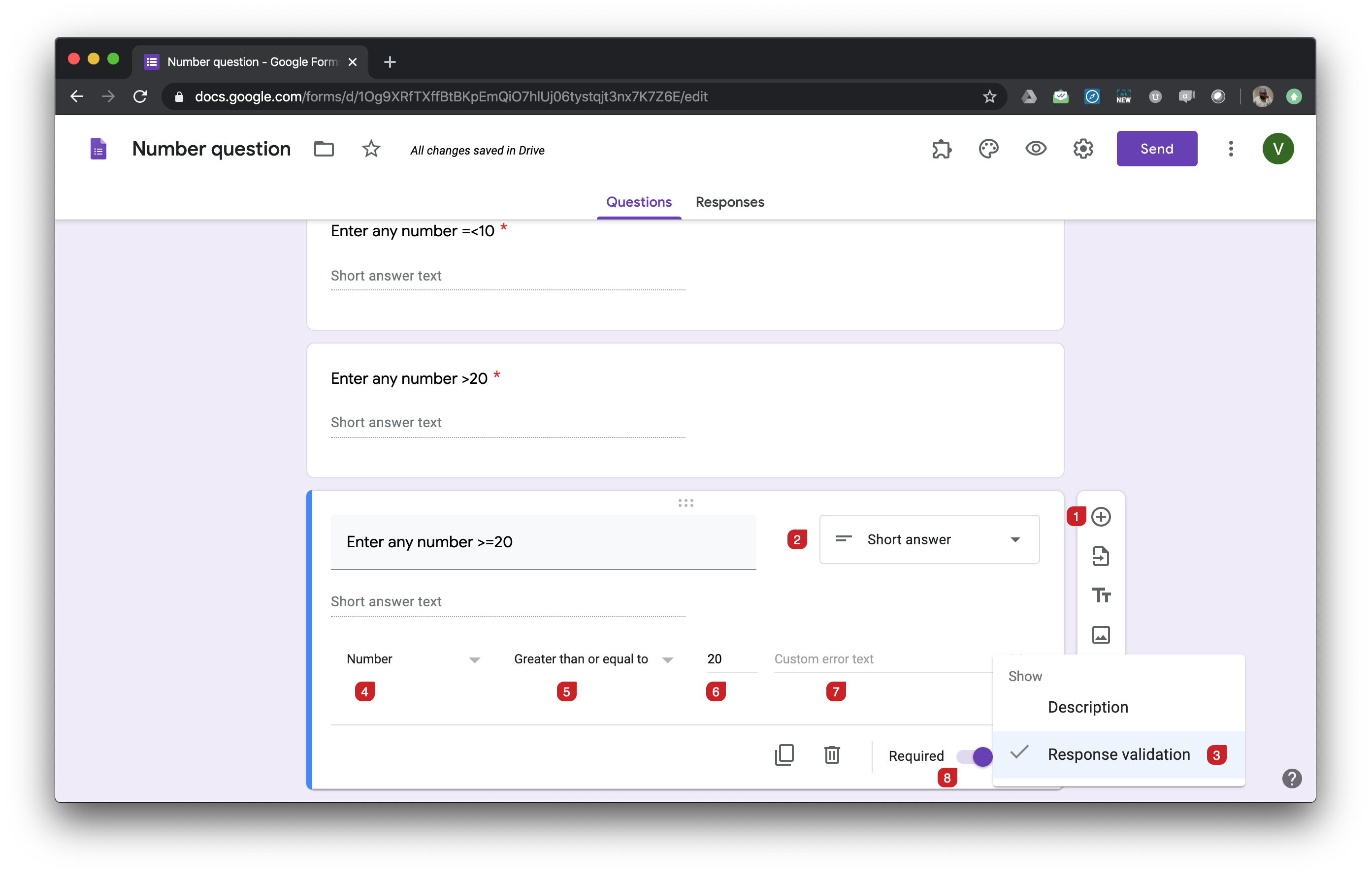 You can use short answer question with Number validation to accept numbers as answers. You can use the following number validations with short answer question.