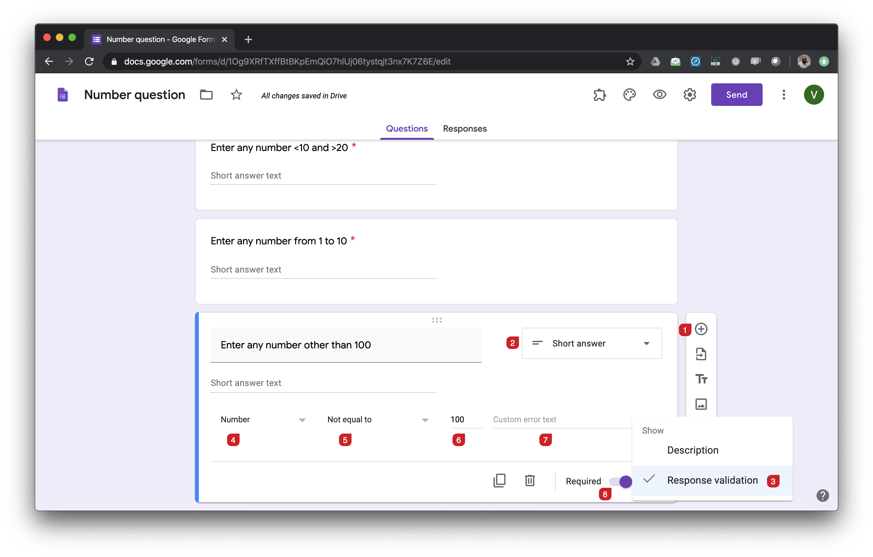 You can use short answer question with Number validation to accept numbers as answers. You can use the following number validations with short answer question.