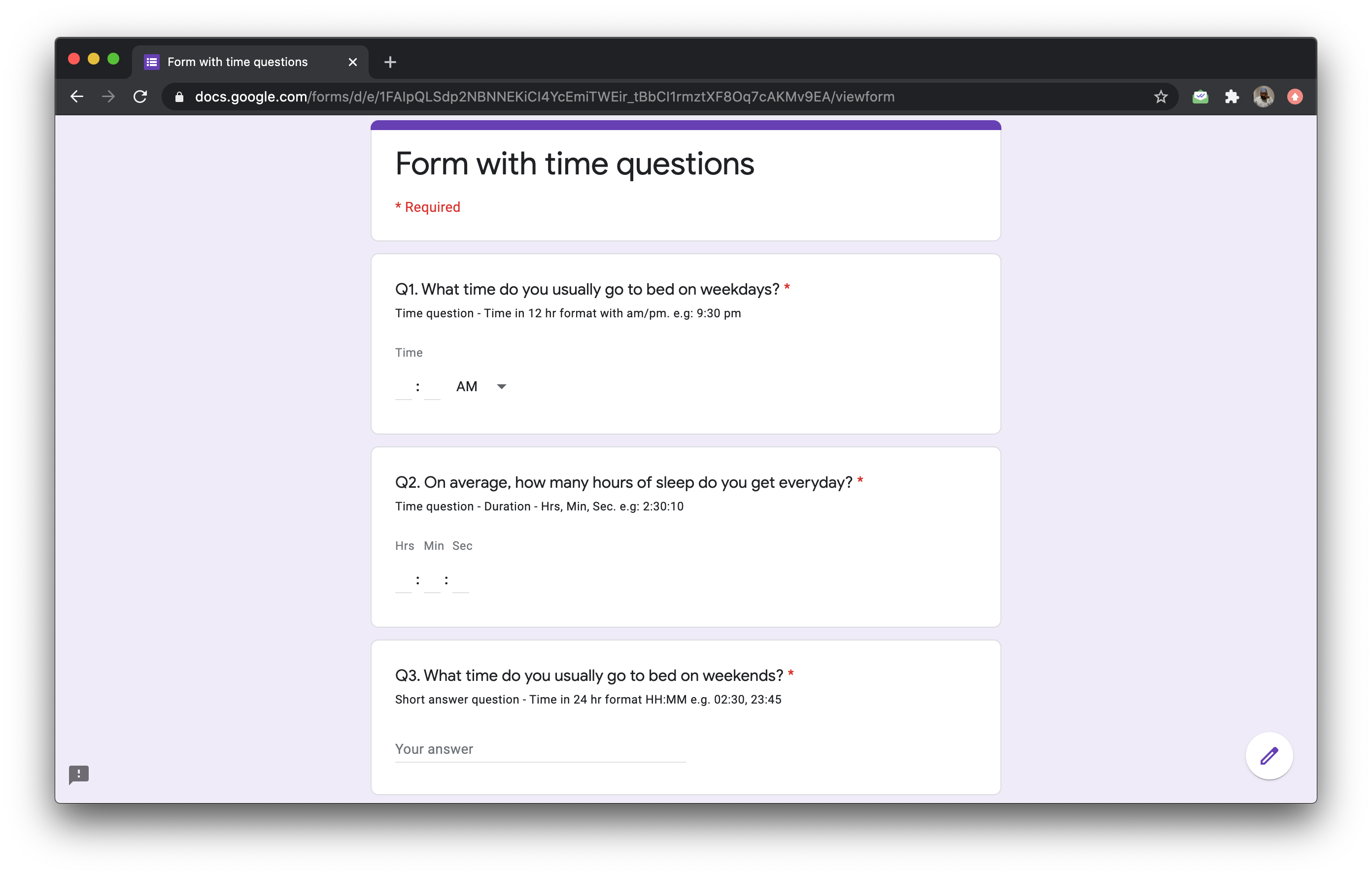Time question allows users to enter the time in 12 hr am/pm format. You can also let users enter duration [of an activity] in hours, minutes and seconds. 