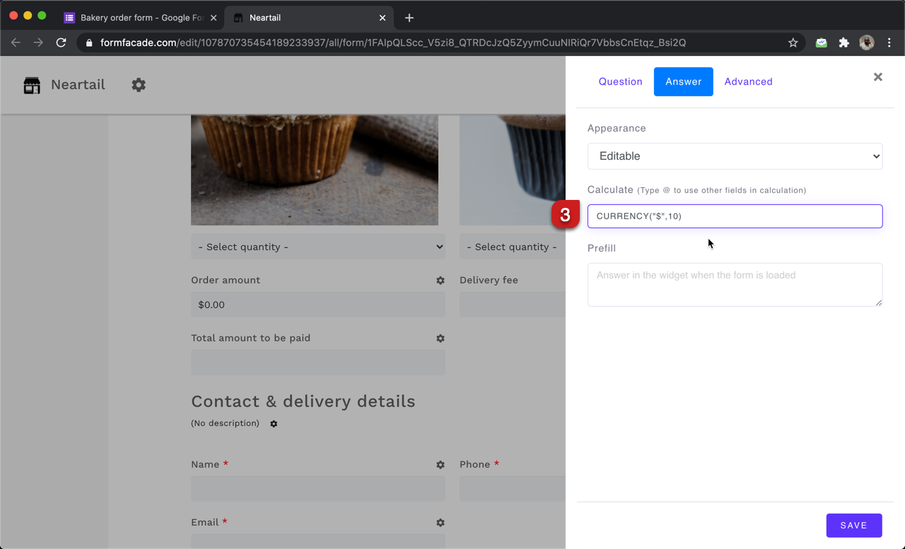 Step 3: Field settings screen will be displayed. Select the "Answer" tab and write the CURRENCY function with a static number to set the fixed shipping fee as shown below.