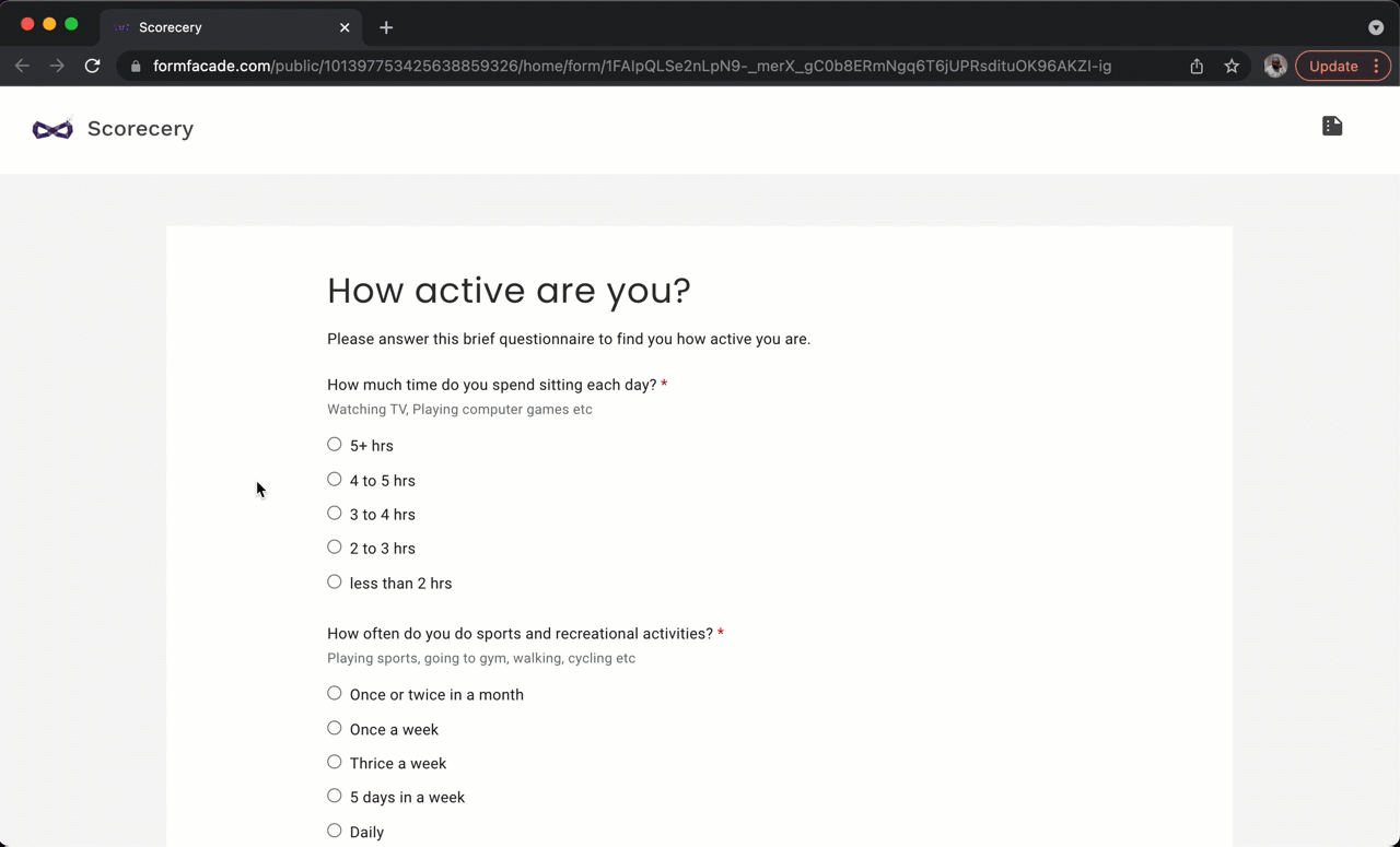 You can assign points for each question and calculate multiple category scores by adding different questions.