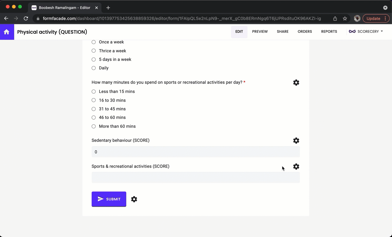 Step 9: Similarly, click on the gear icon next to the second score question. Question settings page will be displayed. Click Answer, add the POINTS formula in the Calculate option and click Save.