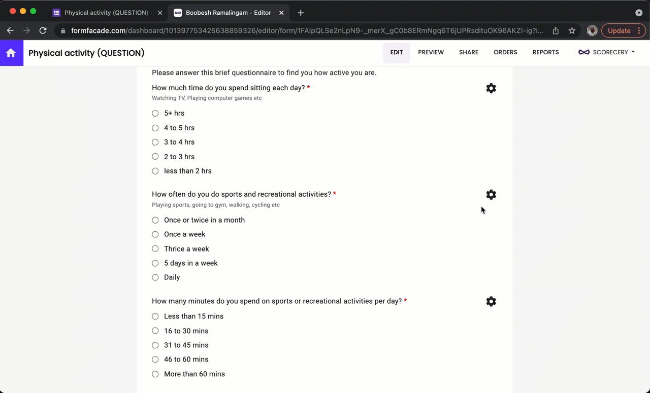Repeat steps 5 and 6 to assign points for other questions in the form. Click on the gear icon next to the question. Question settings page will be displayed. Click Answer. Assign points for the different answer choices and click Save.