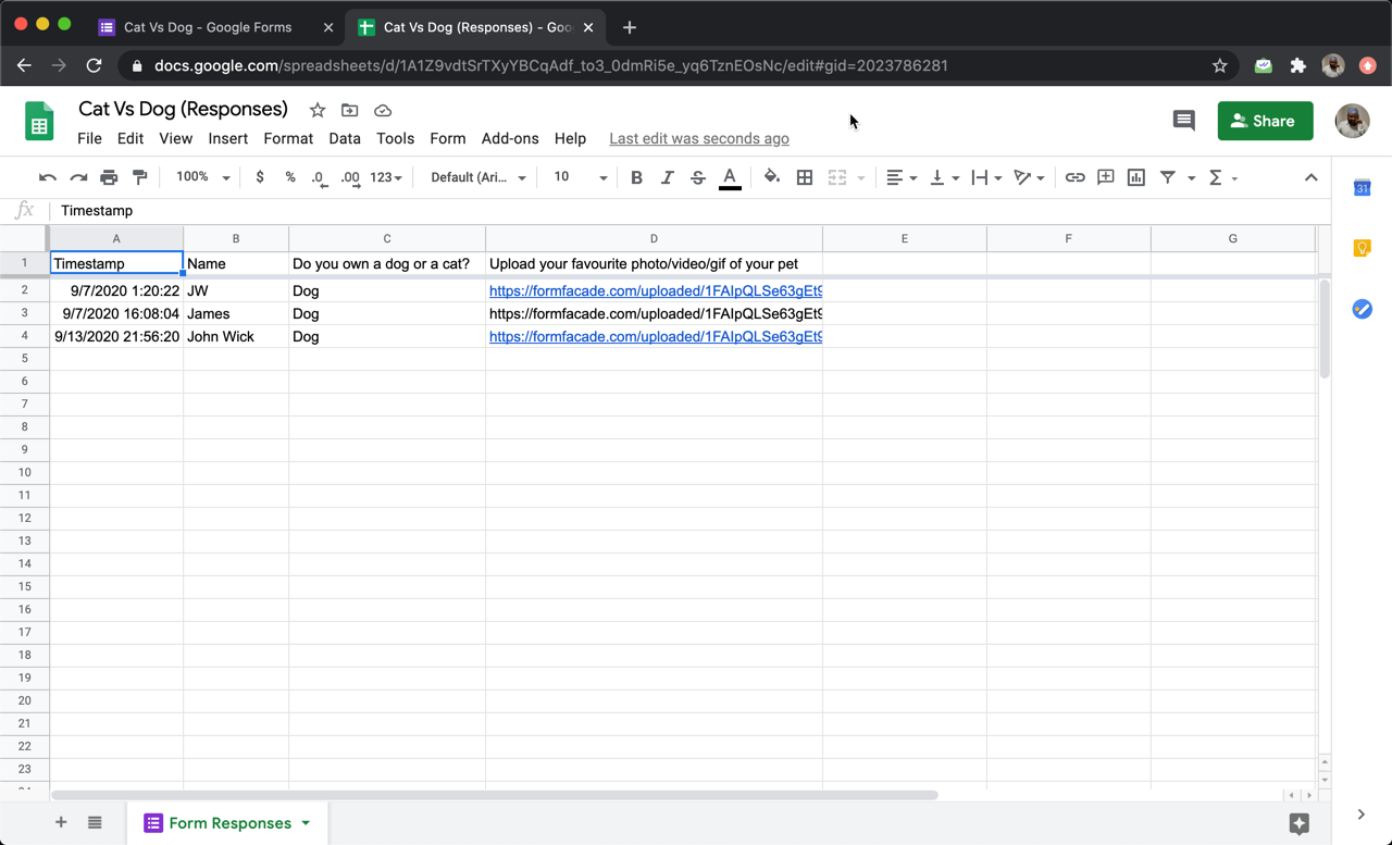 If you have linked your Google Forms with Google Sheets, the form responses will be synced to Google Sheets. You can click on the link to view the uploaded file. If you have enabled multiple file upload for a question, the response will be a list of urls separated by comma.