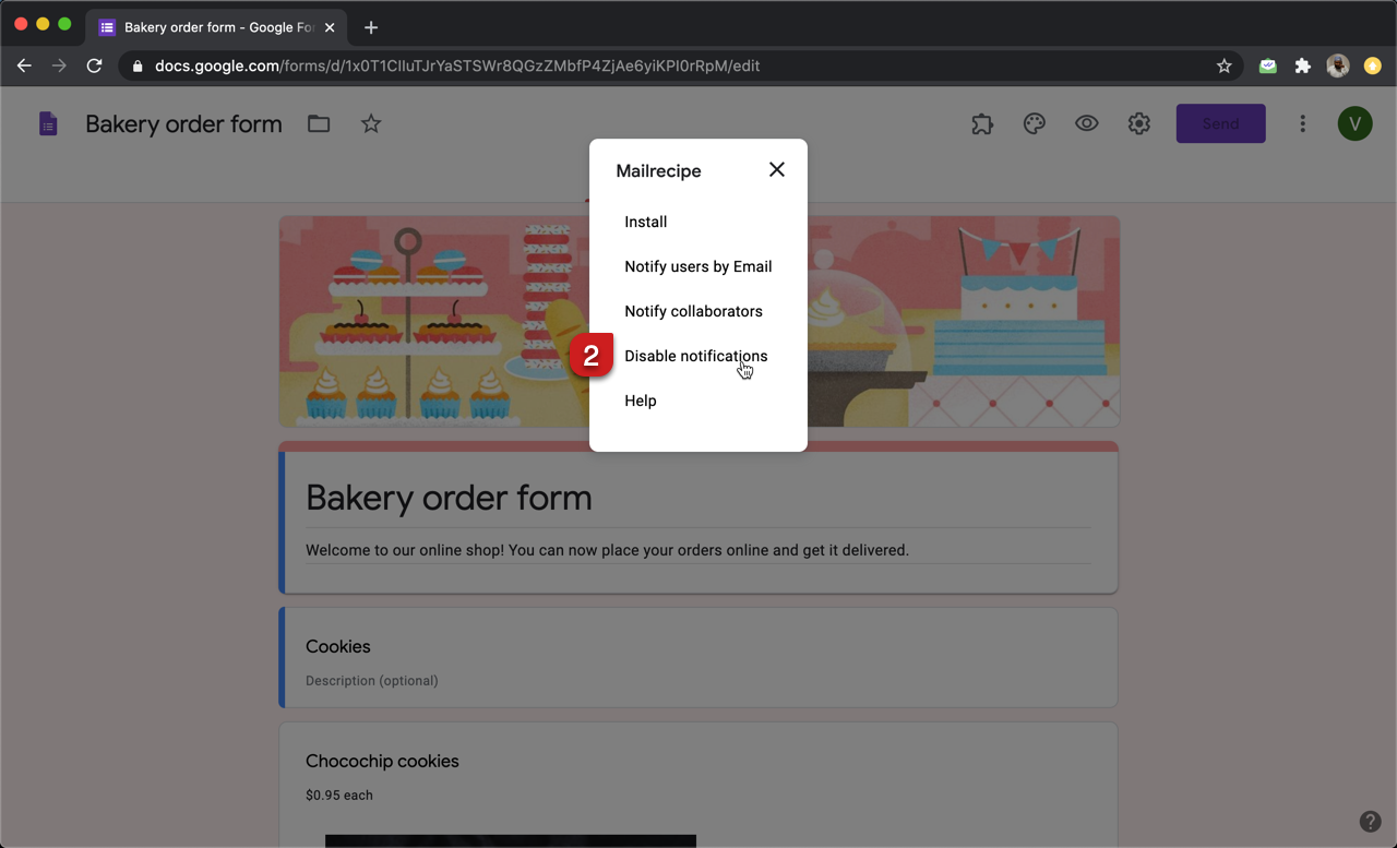 Step 2: Mailrecipe popup menu will be displayed. Select "Disable notifications" to stop Mailrecipe notification emails.