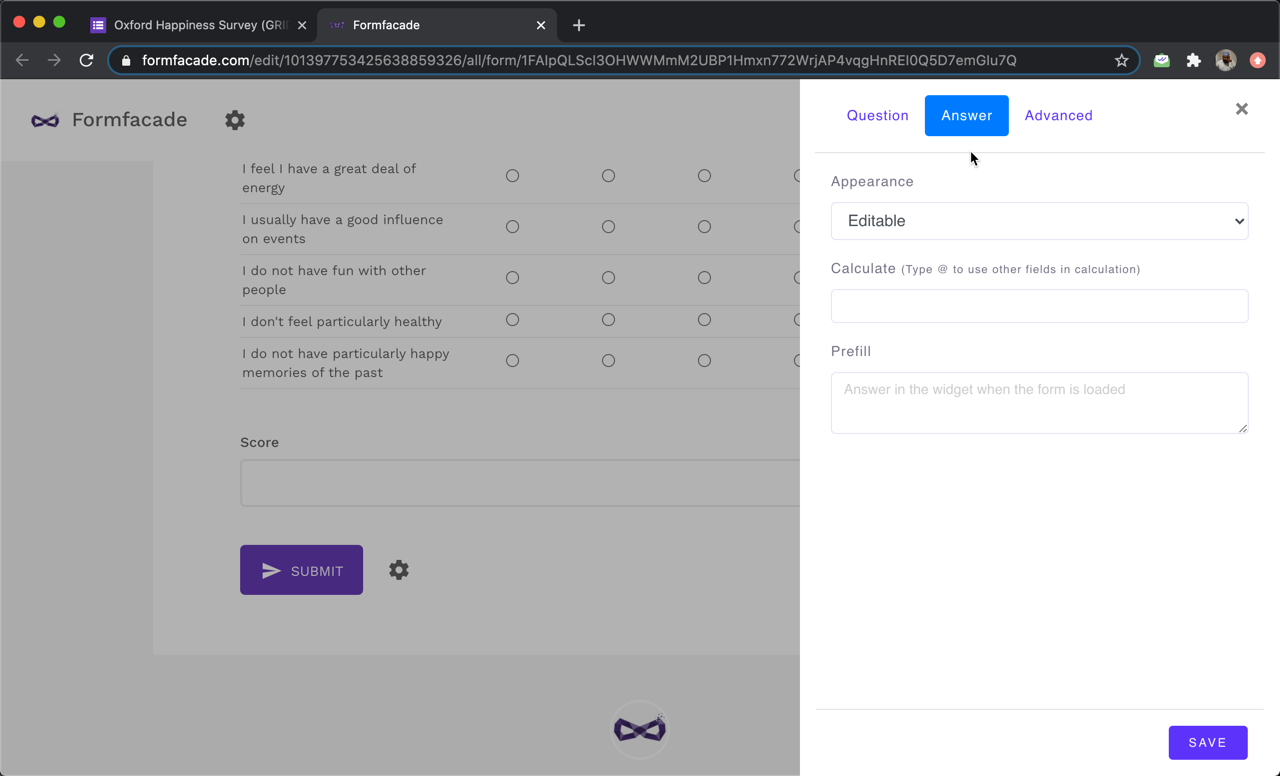 Step 3: Field settings screen will be displayed. Select the "Answer" tab and write the formula to assign points and calculate the score.