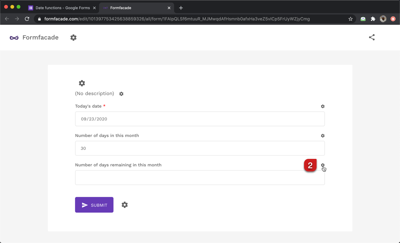 In the Formfacade customize interface, click on the ⚙️icon next to the short answer question for number of days remaining in this month.