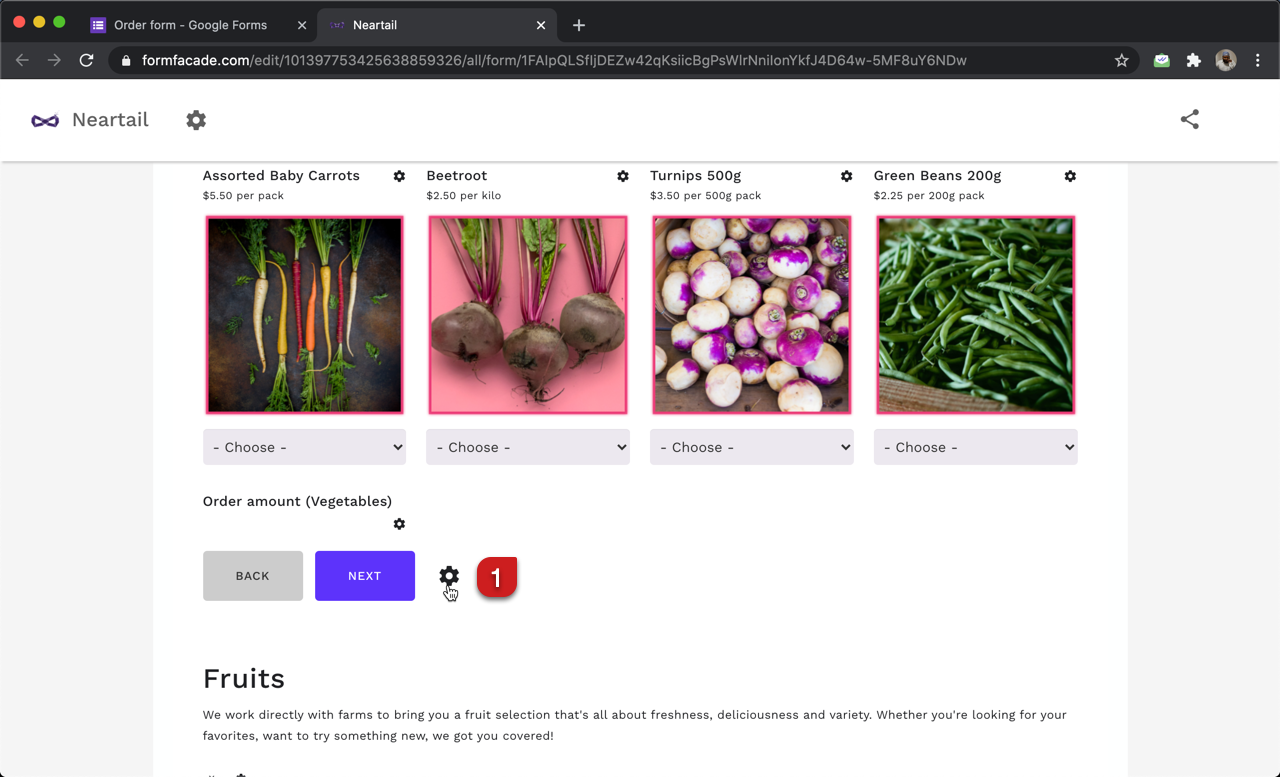 In the Neartail customize interface, click on the ⚙️ icon next to the Next button for category section to be added to the navigation menu.