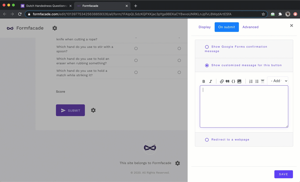 Formfacade - How to display the score only after submit?