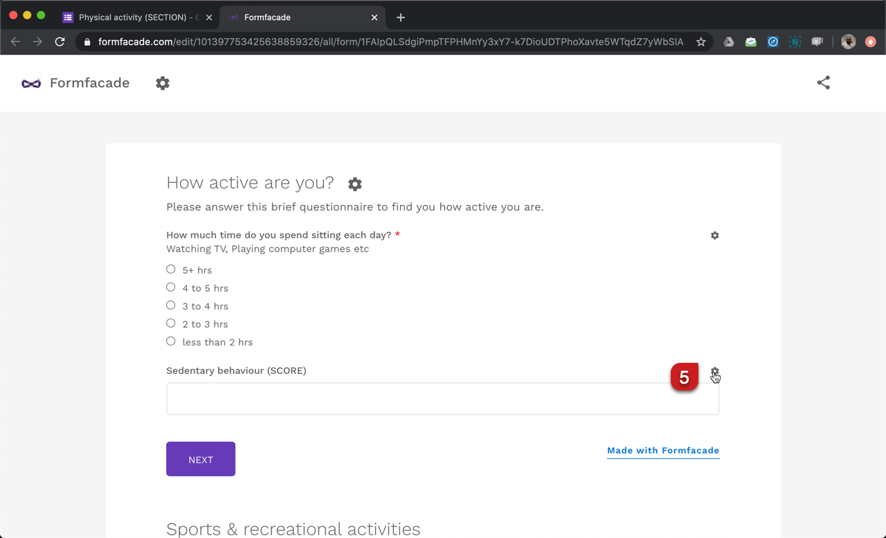 Step 5: Formfacade customize interface will open in a new tab. Click on the gear icon next to the score question in first section.