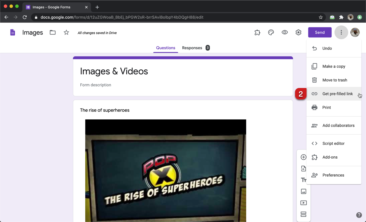 Step 2: Click on Get pre-filled link option. 