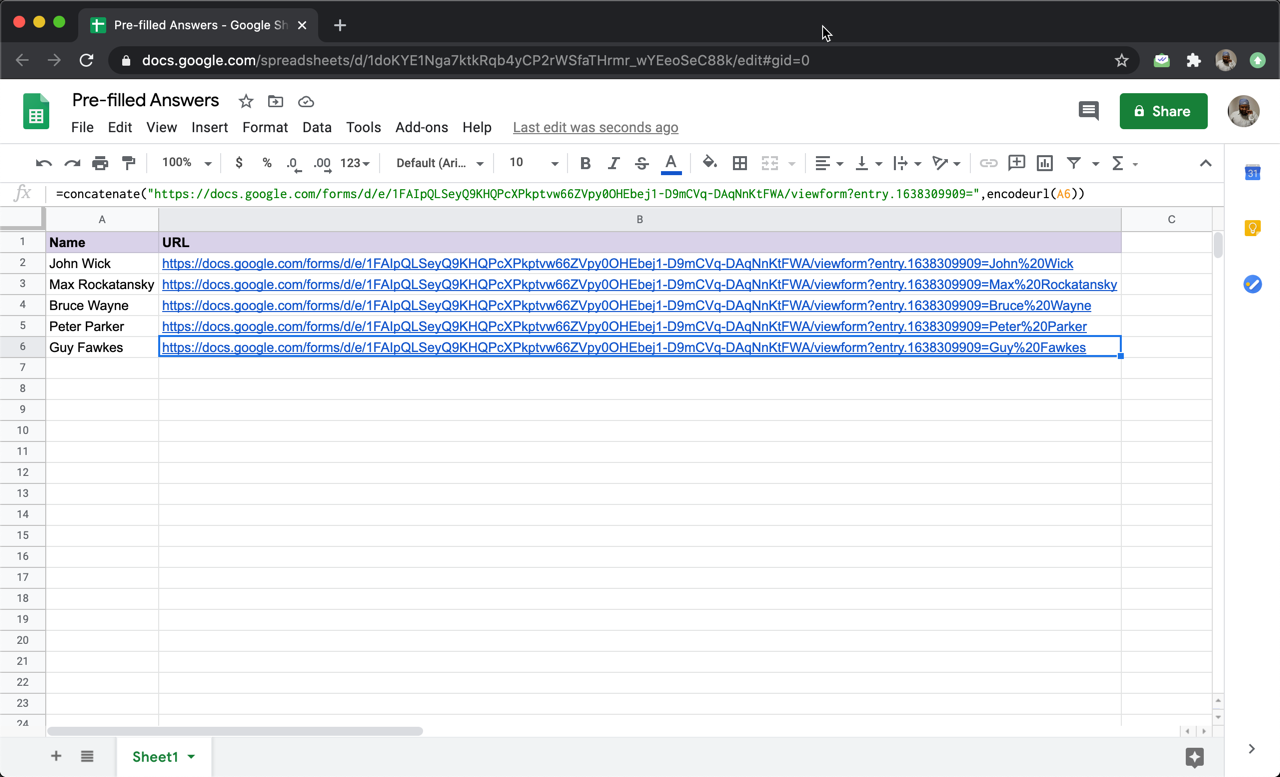 Step 5: Instead of manually generating the pre-fill url for all users, you can use the CONCATENATE function in Google Sheets to automatically generate the pre-fill url or use the mail merge function in the email marketing tool.