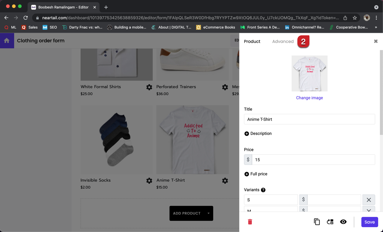 Product page will be displayed. Click Advanced.