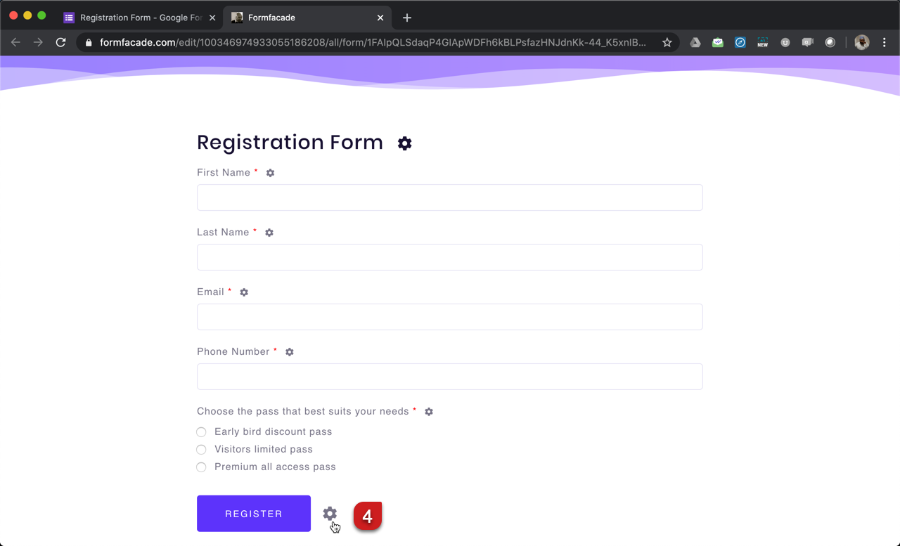Step 4: Formfacade customize admin interface will open in a new tab. Click on the gear icon next to the Submit button.