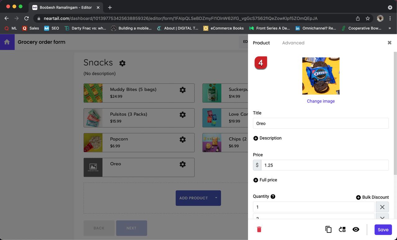 Product page will be displayed. Enter the product price, upload an image and click Save.  You can also update the product description or add a compare price for promotional products.