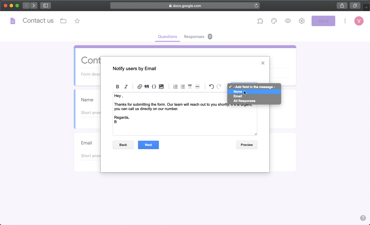 Step 2: Use the Add field option in the message editor to include the required field as shown in the screenshot below.