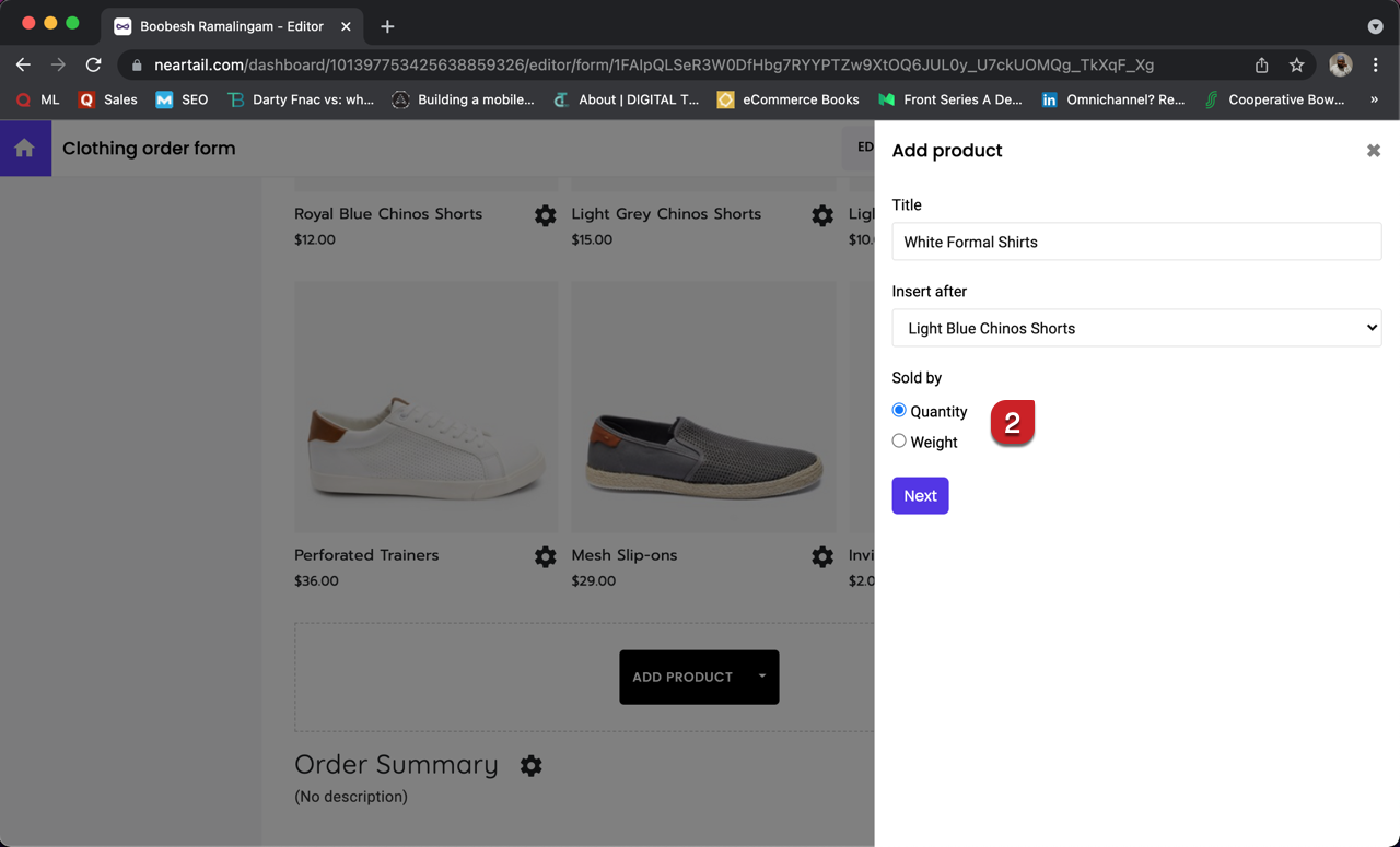 Add product page will be displayed. Enter the product name, select sold by quantity and click Next. 