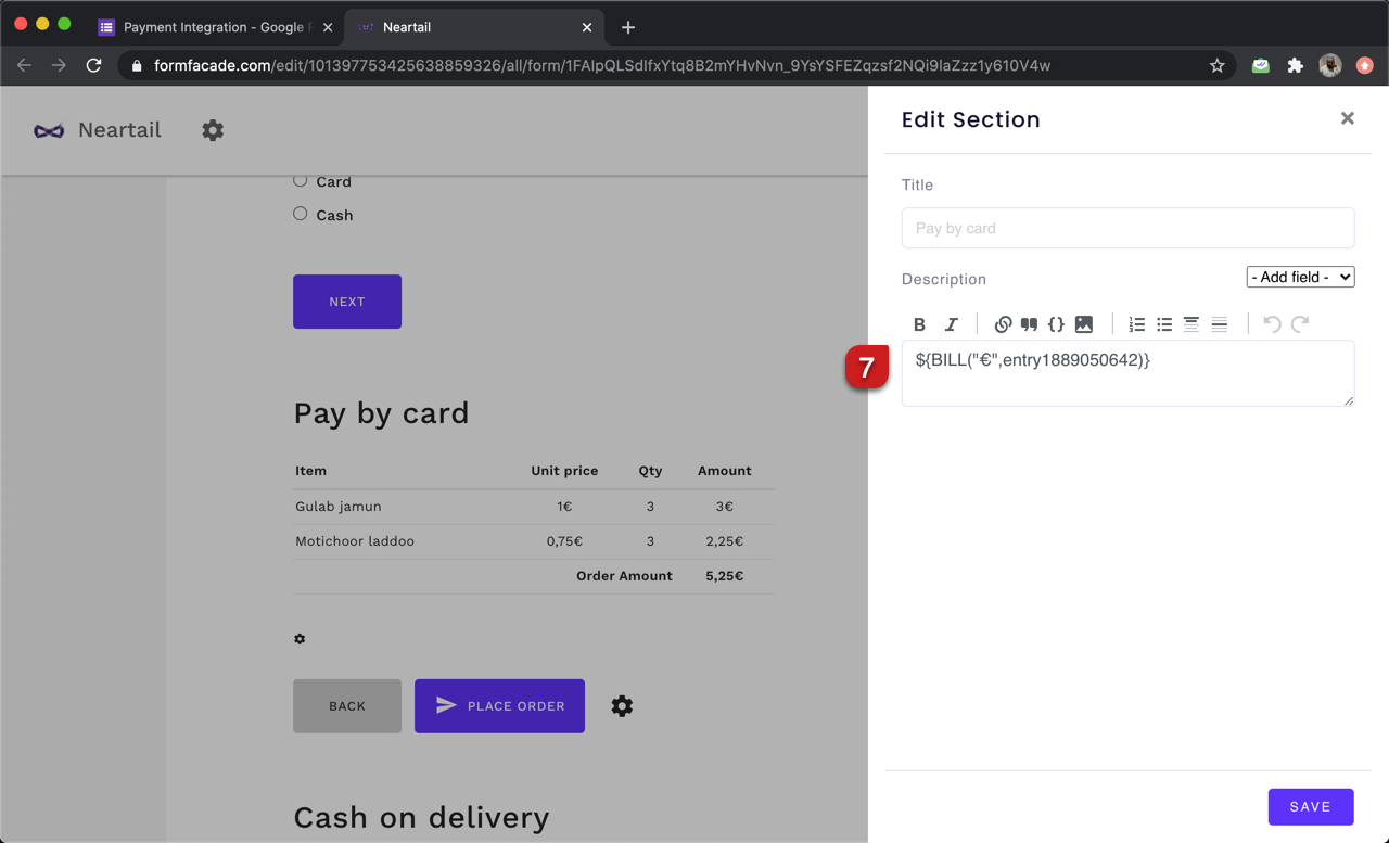 Step 7: In the Neartail customize interface, click on the ⚙️ icon next to (no description) and add relevant instructions. You can also use the BILL function to show the list of products selected by the user along with its price and amount so that they can review it before placing their order.