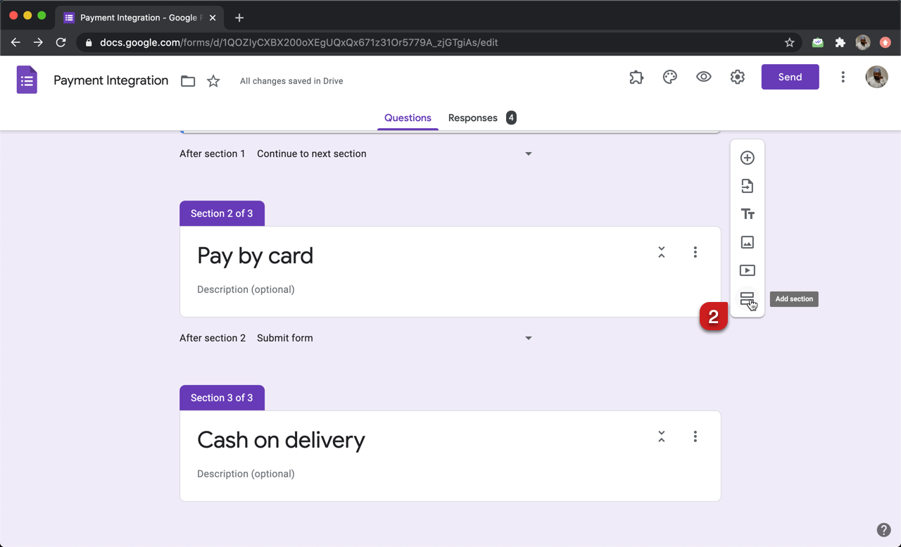 Step 2: Create a separate section for each payment method and add any relevant instructions in the description. Please note that you can add the description later in Neartail customize interface that supports additional formatting options that are not possible with Google Forms.