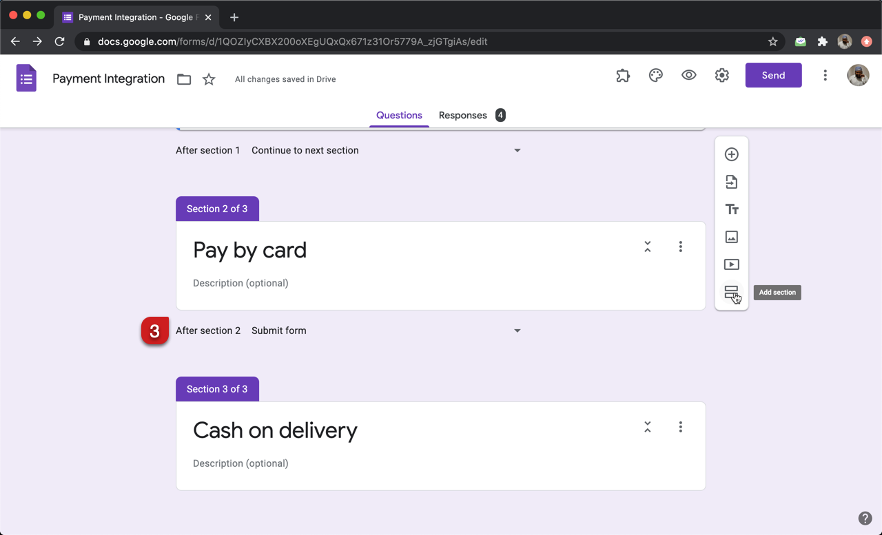 Step 3: Google Forms allows you to skip sections in your form by changing the option at the bottom of each section. For each of the sections created for different payment methods, select Submit form as shown below.