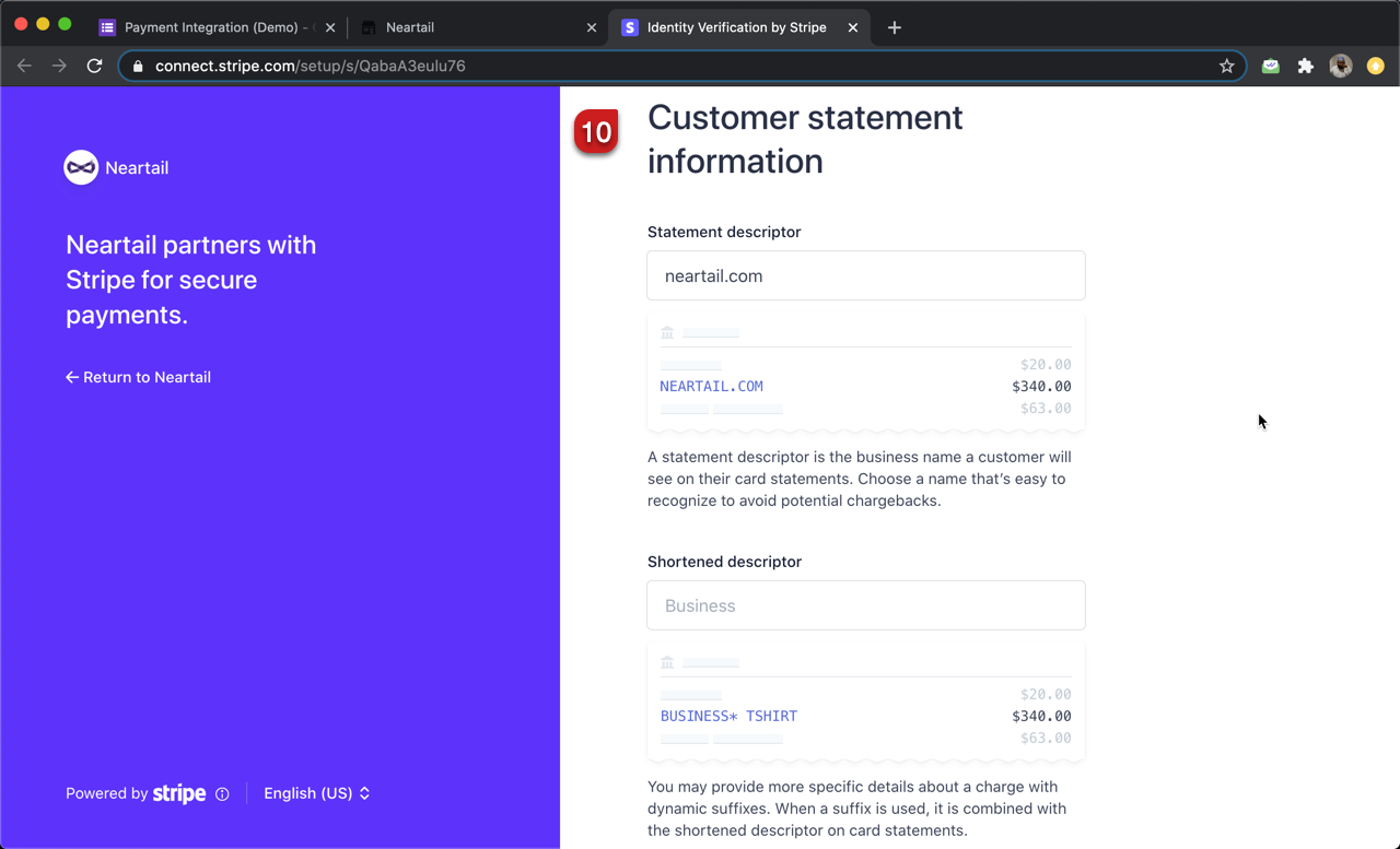 Step 10: Enter the statement descriptor and shortened descriptor for your business to be displayed on the customer statements.