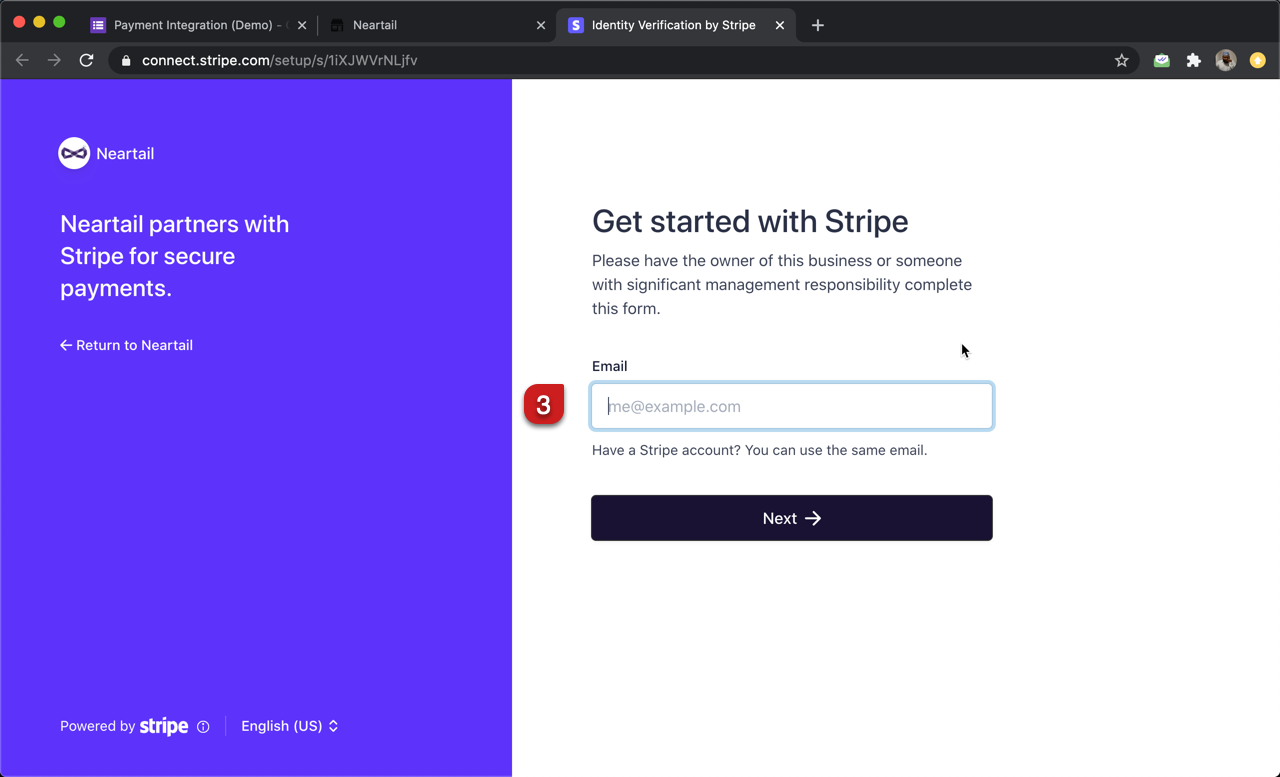 Step 3: Stripe connect page will be displayed. If you have an existing Stripe account, you can login with your email address to connect it with Neartail. Otherwise, you can create a new Stripe account by entering your email address.