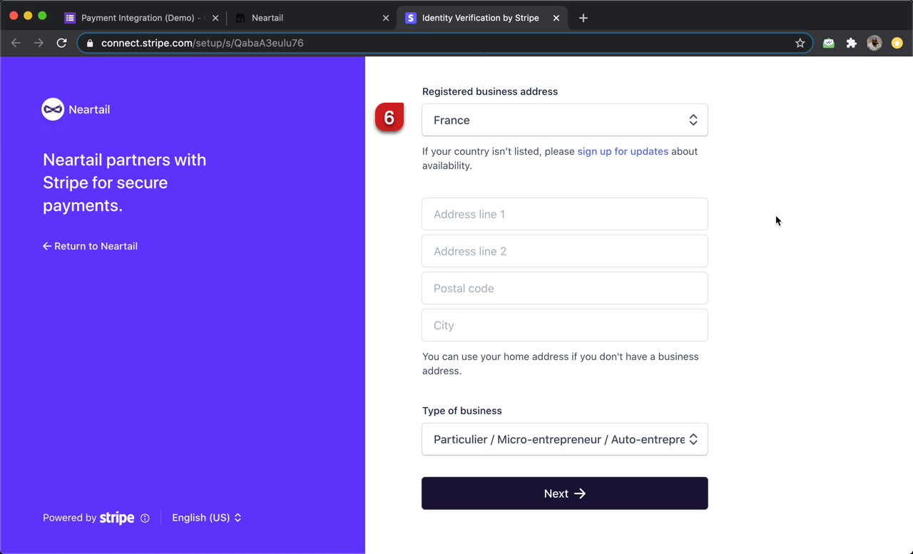 Step 6: Enter your business details such as registered business address and type of business.