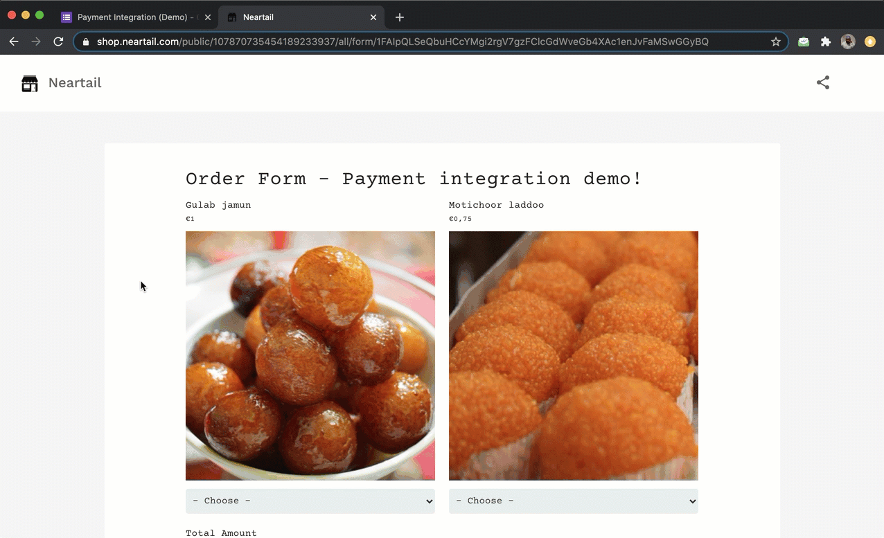 Step 14: When the customer fills the form and clicks on the submit button, the customer will be redirected to the payment page. The value from the total amount field will be automatically set as the payment amount. Customers can enter their card details and then click on the Pay now button to place their order. If the payment is successful, the confirmation message configured in the On submit tab will be displayed.