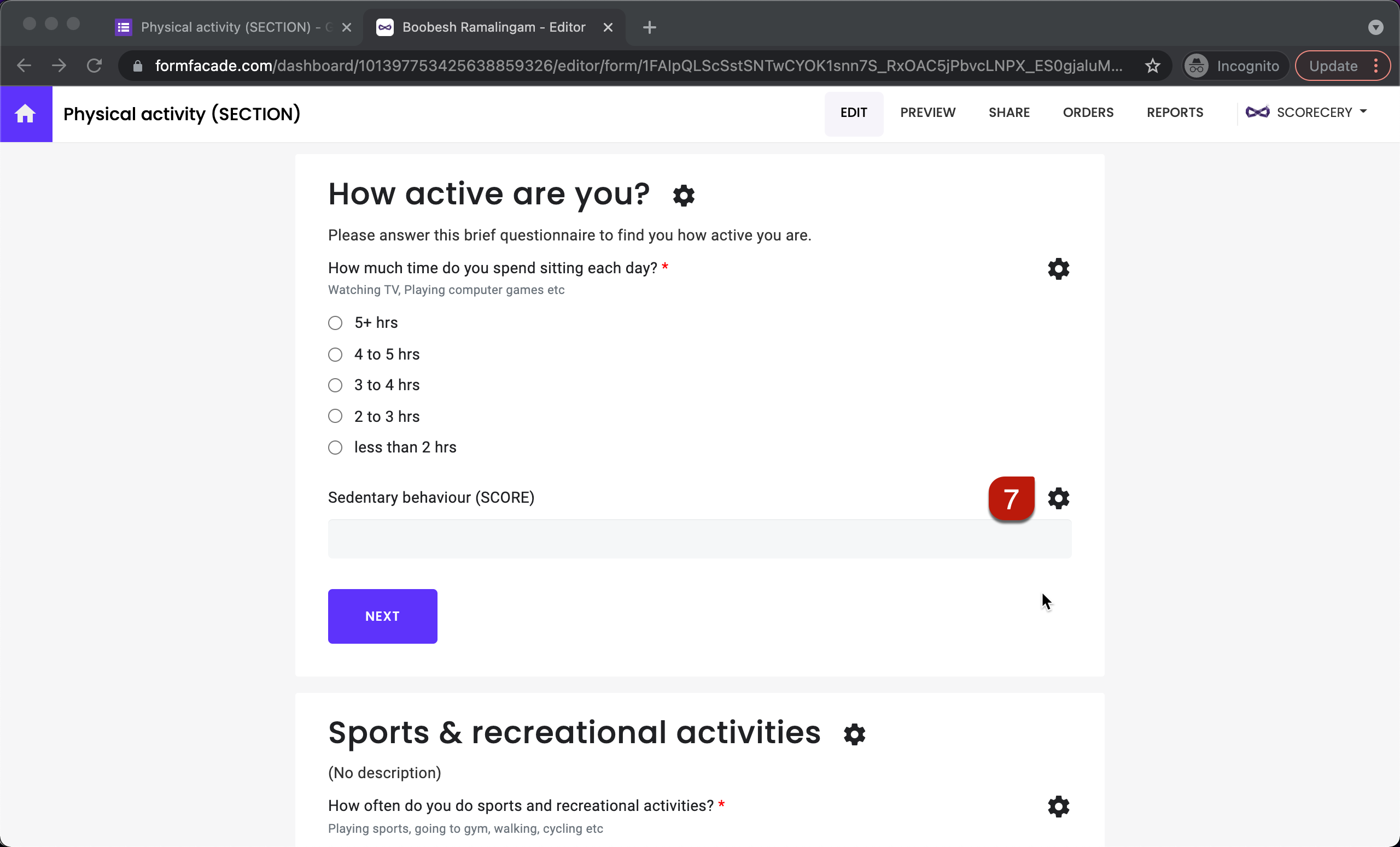 Step 7: Click on the gear icon next to the section score question.