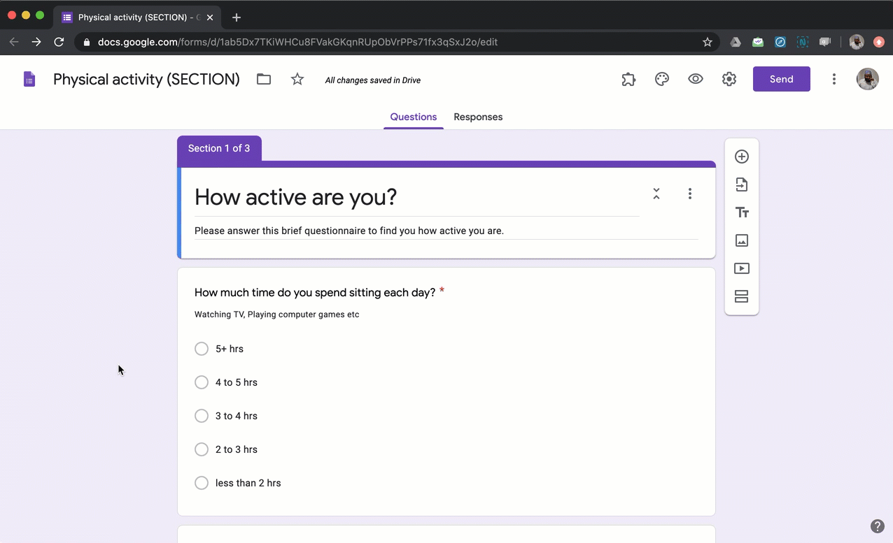 Add a short answer question in each section. If you would like to calculate the overall score, add another Short Answer question in the last section.