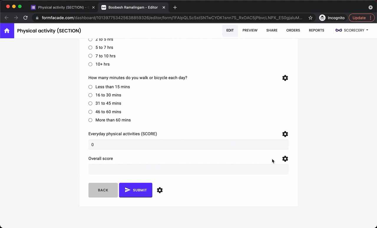 Step 11: Click on gear icon next to overall score question. Question settings page will be displayed. Click Answer, add the SUM formula (as shown below) in the Calculate option and click Save.