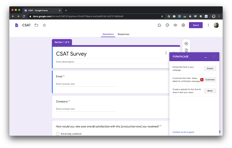 Click on the "Customize" button in the Formfacade sidebar widget 