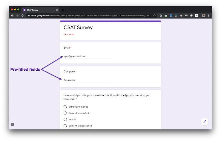 Here's a screenshot of a Google Form with pre-filled email & company fields to get feedback from customers. Read this help article to learn how to use the field appearance options.
