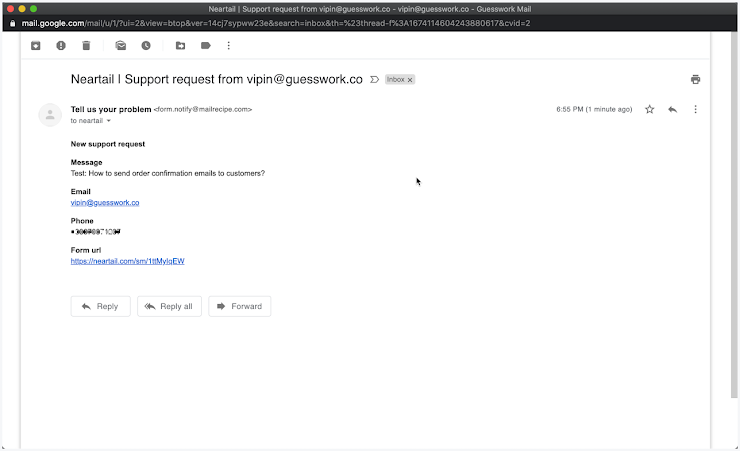 Example email notification with customized subject using form responses.