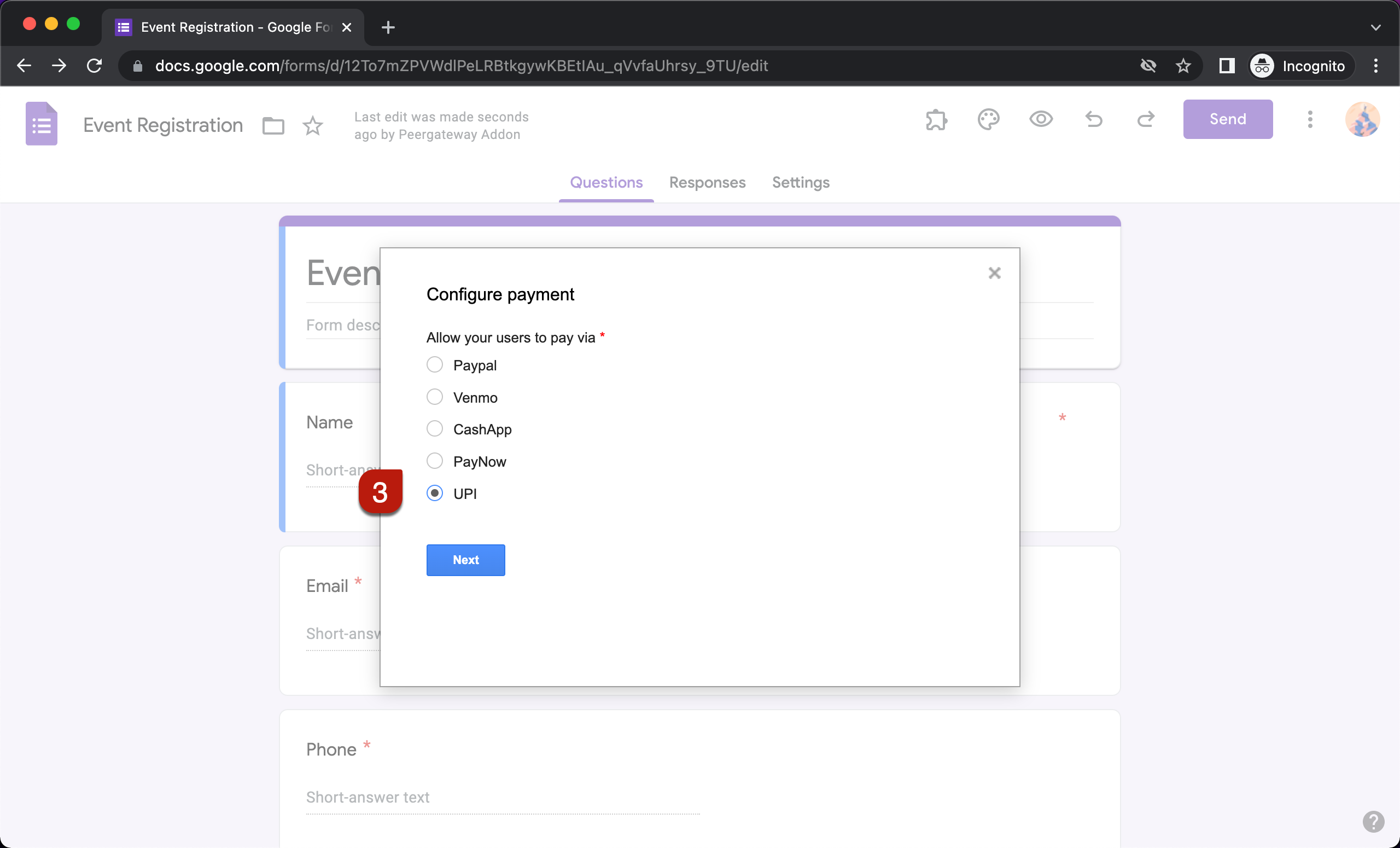 Step 3: Configure payment setup wizard will be displayed. Select UPI and click Next.