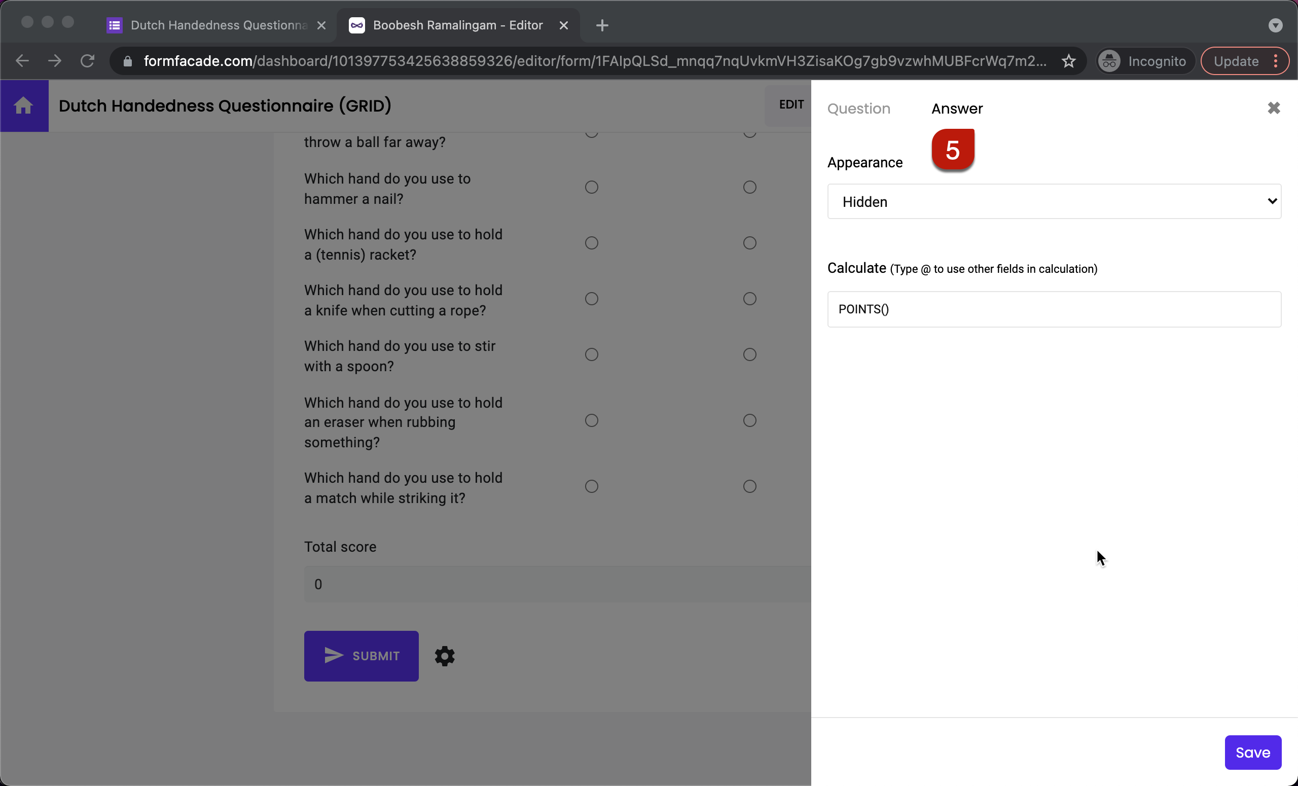 Step 5: Question settings page will be displayed. Click Answer, change the Appearance to hidden and click Save.