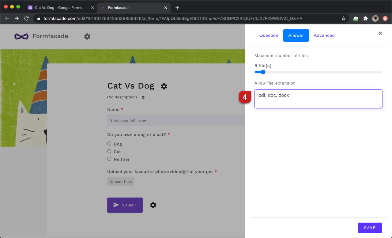 Step 4: To restrict the file types that users can upload, add the extensions of the acceptable file types separated by commas as shown below. For example, you can add the extensions pdf, doc, docx to accept only these three file types.