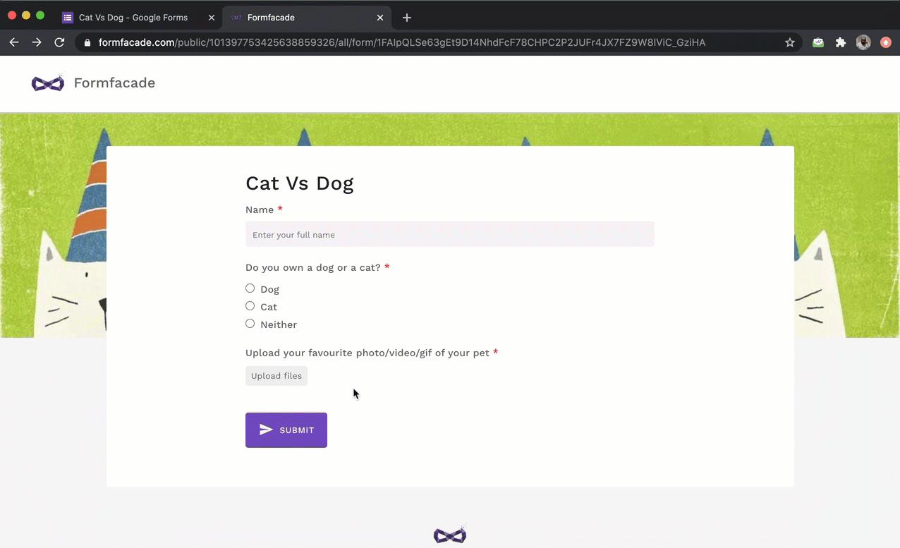 When the user clicks on browse files, only the accepted file types can be selected. Users will be able to upload files with accepted extensions that does not exceed the max file size limit.
