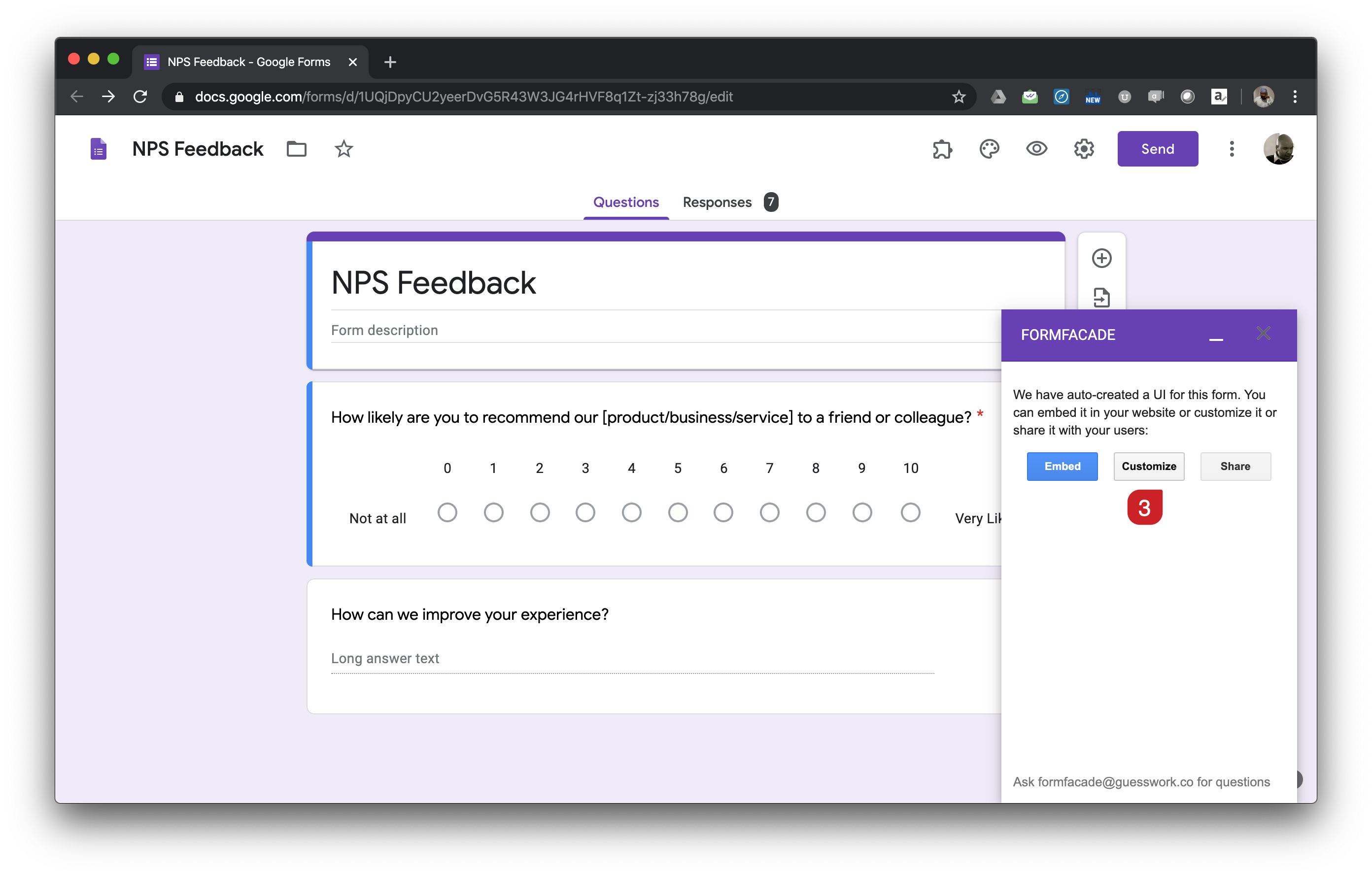 Click on the "Customize" button in the Formfacade sidebar widget 