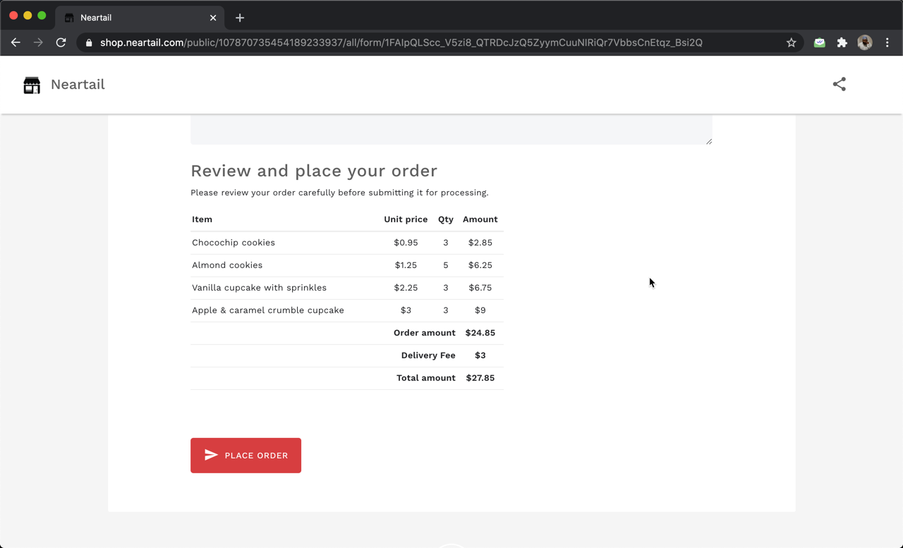 You can use the BILL function to show the list of products selected by the user along with its price and amount so that they can review it before placing their order. If you want to record this bill in Google Forms, you can use the TEXTBILL function.