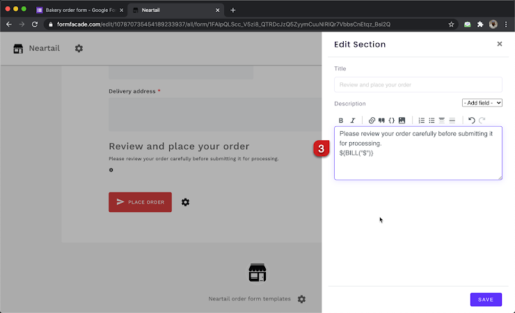 Step 3: Enter the ${BILL("$")} formula in the description as shown below.