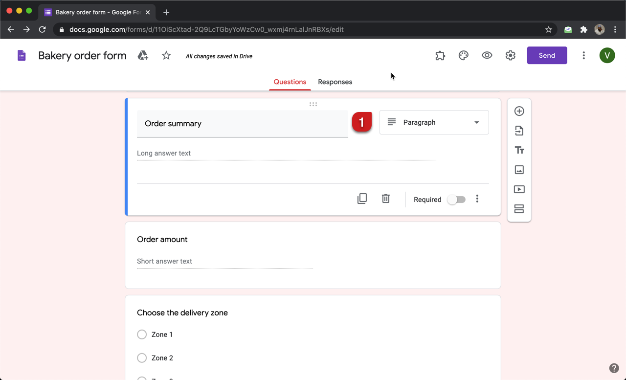 Step 1: Add a paragraph question for order summary in Google Forms.
