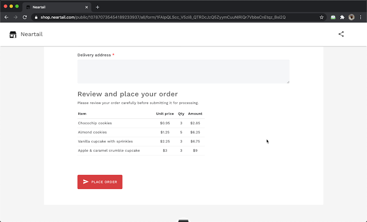 The list of products ordered by the user along with is price and description will be displayed as shown below. This will enable users to review their order before submitting it for processing.